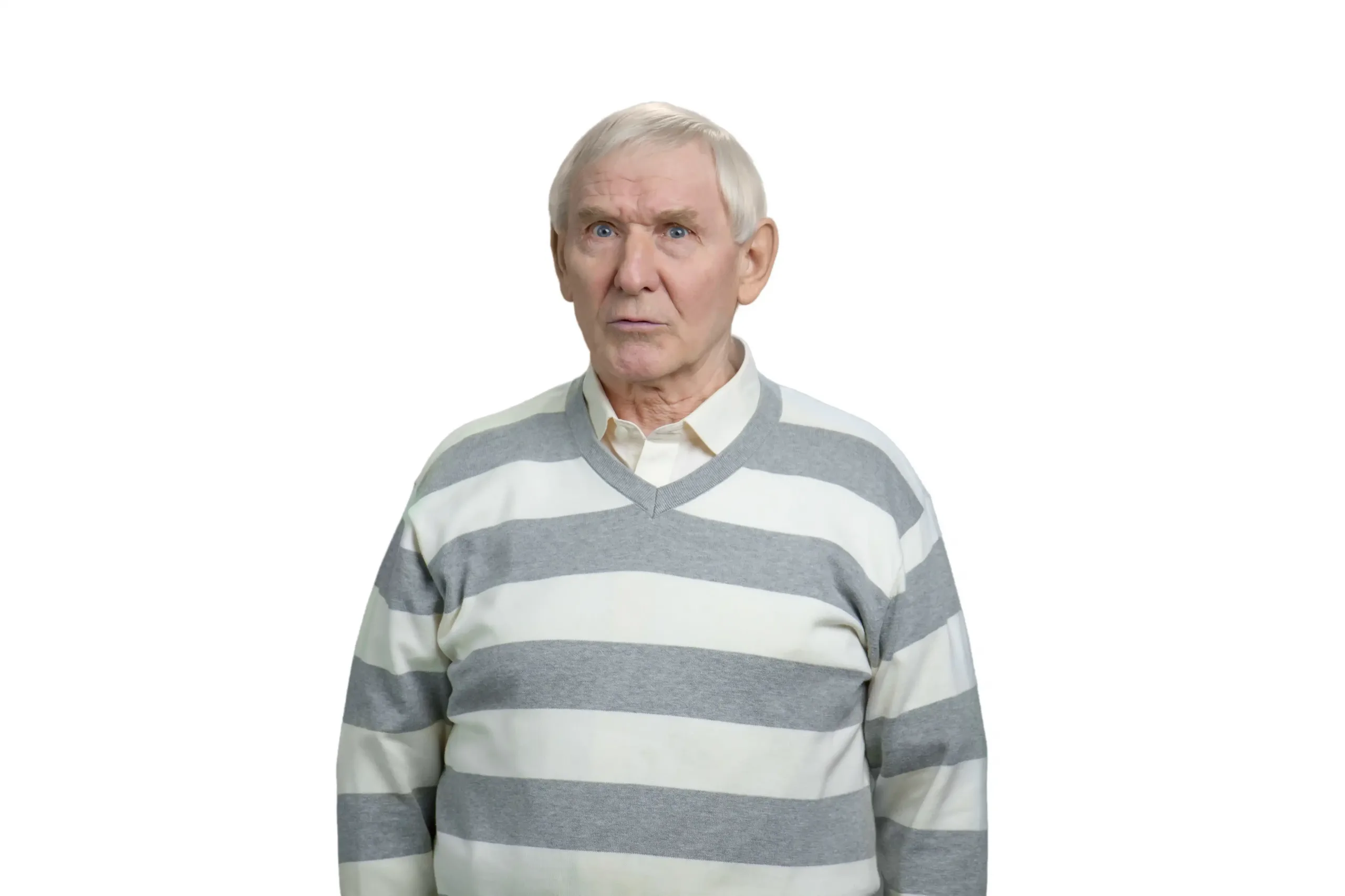 Hombre mayor con suéter a rayas, representando la longevidad y esperanza de vida superior a 100 años.