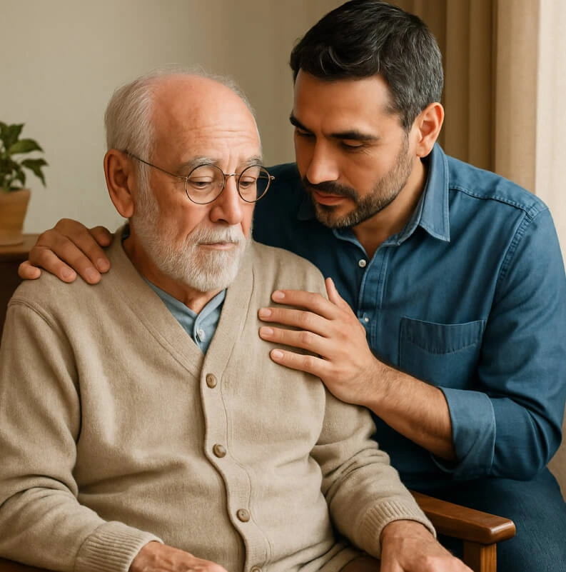 Un hombre abraza a su padre mayor, apoyándolo tras la pérdida y pensión familiar.