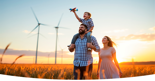 familia caminando por el capo al atardecer